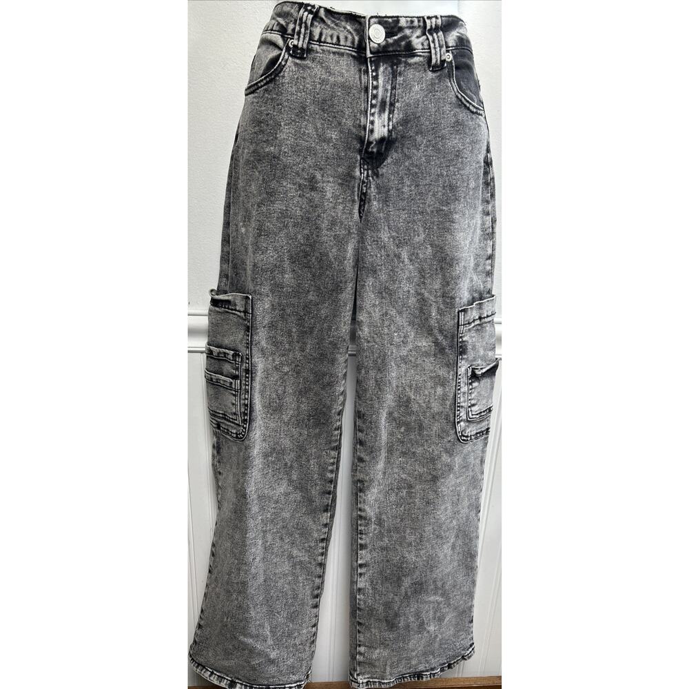 Y2K 90s Baggy Wide Leg Cargo Jeans 5 (28X30) High Rise Hip-hop Grunge Gray Acid